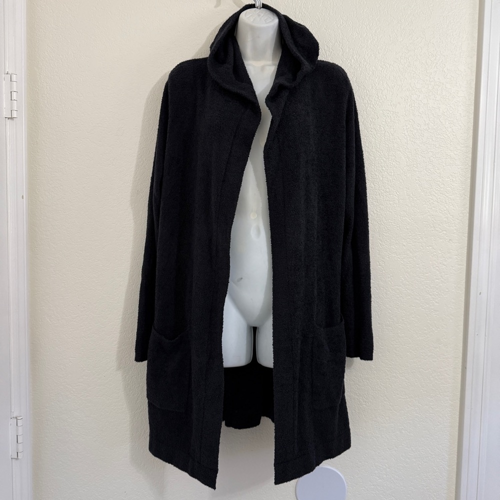 BAREFOOT DREAMS Medium Black Hooded Open Med Length Cardigan CozyChic Lite